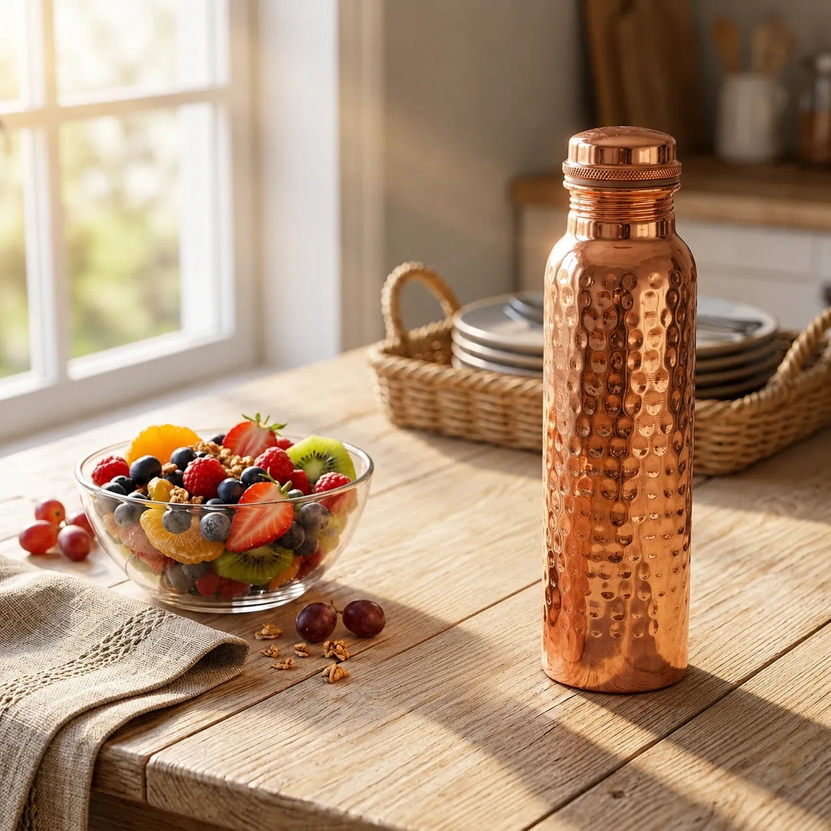 Hammered pure copper water bottle 950ml/32oz for daily hydration - front view
