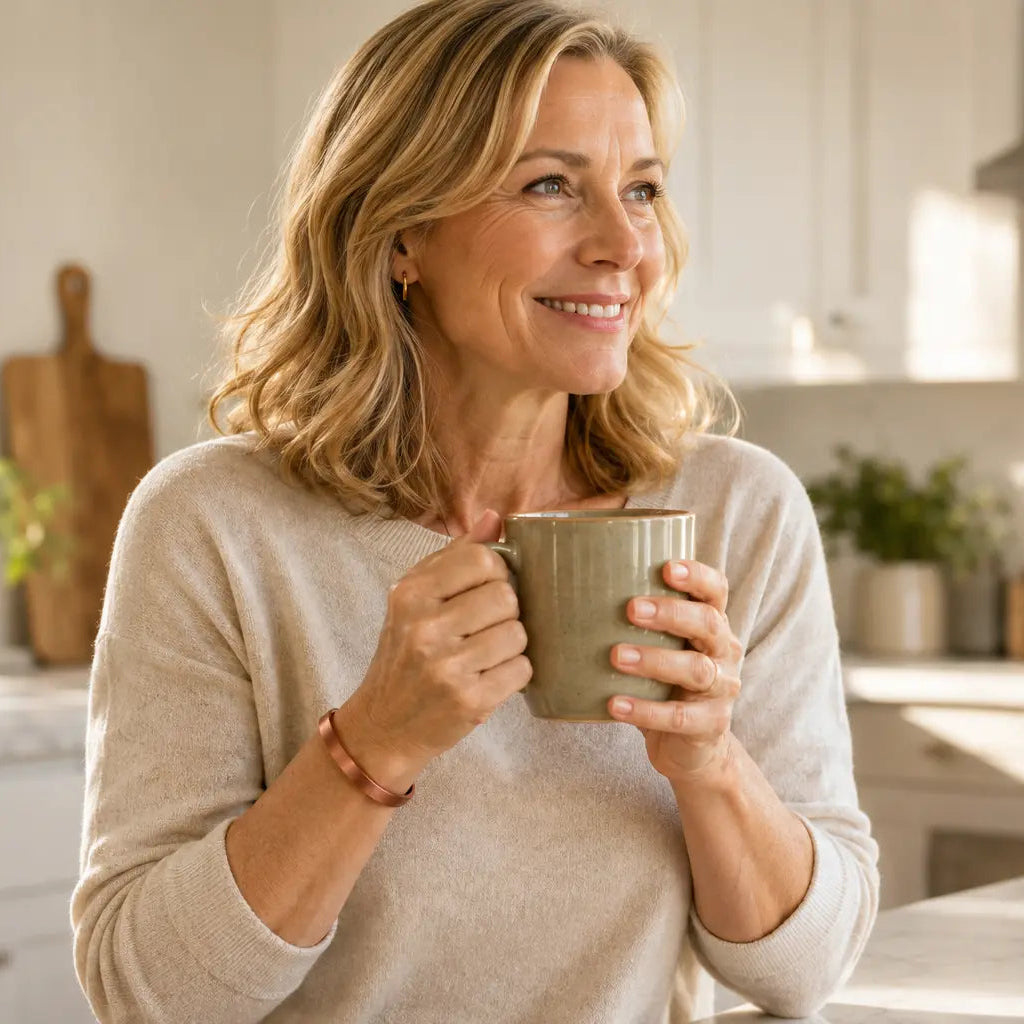 A smiling blonde woman in a beige sweater holds a gray ceramic mug in a bright, sunlit kitchen.