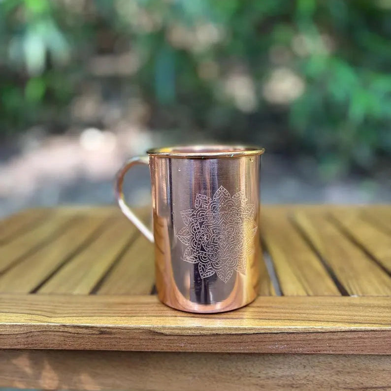 Copper mandala mug styled on table – lifestyle photo
