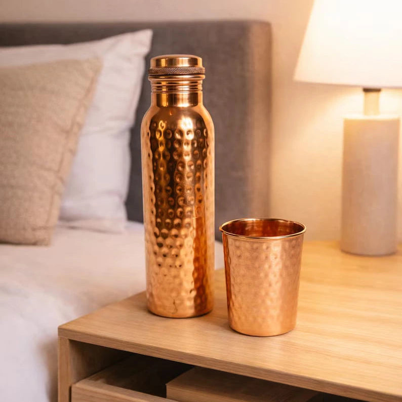 Hammered pure copper water bottle and tumbler gift set