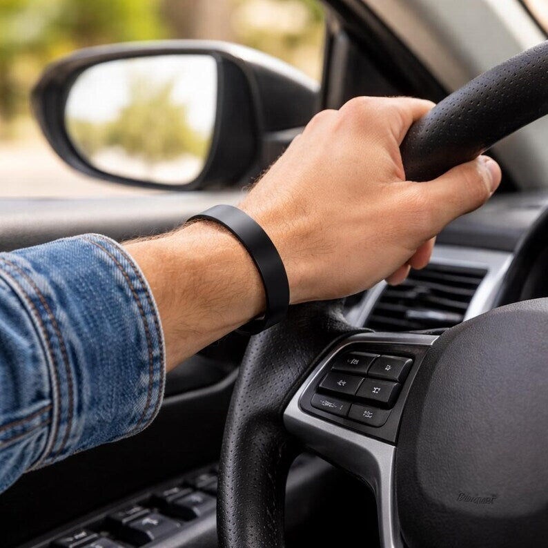 Matte black copper cuff bracelet worn on wrist – lifestyle photo