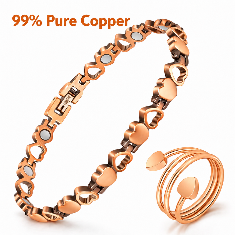 Heart Link Magnetic Copper Bracelet & Ring Set for Women - Adjustable Pure Copper Jewelry Gift