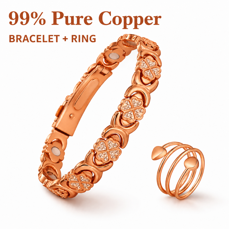 Pure Copper Magnetic Bracelet & Ring Set for Women – Clover Crystal Jewelry Set