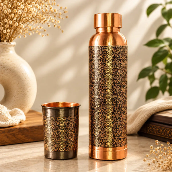 Etched Pure Copper Water Bottle and Tumbler Set - Floral Design Copper Drinkware Gift Set