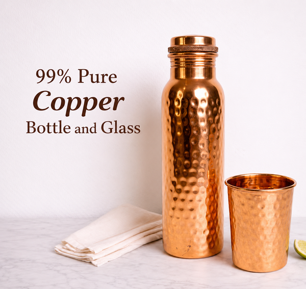 Pure Copper Water Bottle & Glass Set - Hammered Copper Bottle 950ml / 32oz, Ayurvedic Drinkware Gift