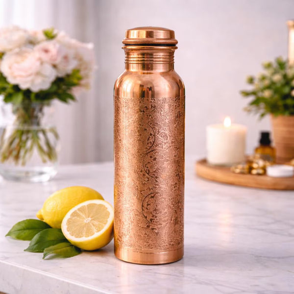 Engraved Pure Copper Water Bottle 32oz – Handmade Ayurvedic Wellness Bottle for Healthy Hydration