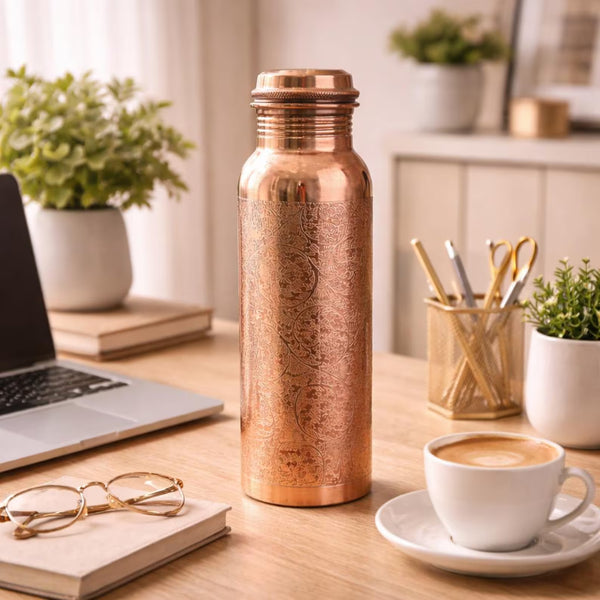 Engraved Pure Copper Water Bottle 32 oz – Handmade Ayurvedic Wellness Bottle for Healthy Hydration