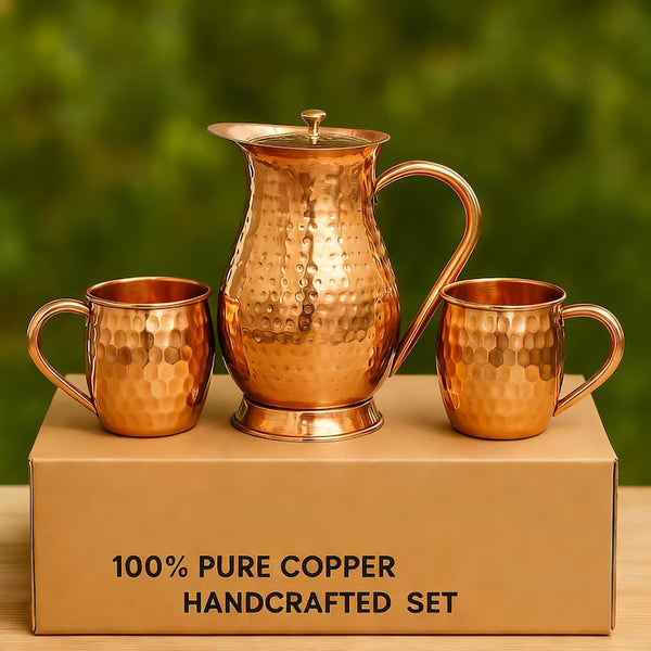 Pure Copper Pitcher Set 2L - Hammered Copper Water Jug with Mugs, Handcrafted Ayurvedic Drinkware