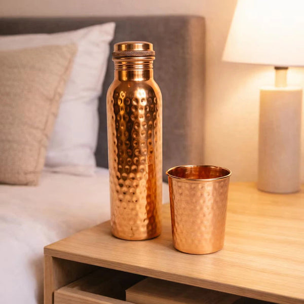 Hammered Pure Copper Water Bottle & Tumbler Set - 32 oz Bottle / 11.8 oz tumbler, Ayurvedic Drinkware Gift Set