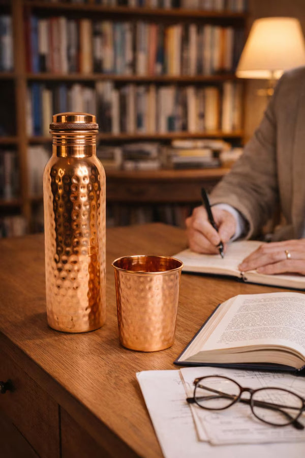 Hammered Pure Copper Water Bottle & Tumbler Set - 32 oz Bottle / 11.8 oz tumbler, Ayurvedic Drinkware Gift Set