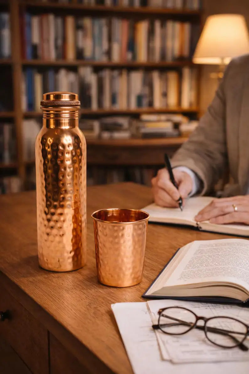 Copper water bottle and tumbler set close-up