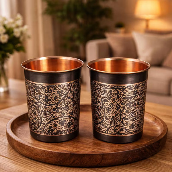Pure Copper Tumblers Set of 2 - Handcrafted Floral Pattern Copper Tumblers for Daily Hydration, Wellness & Gifting