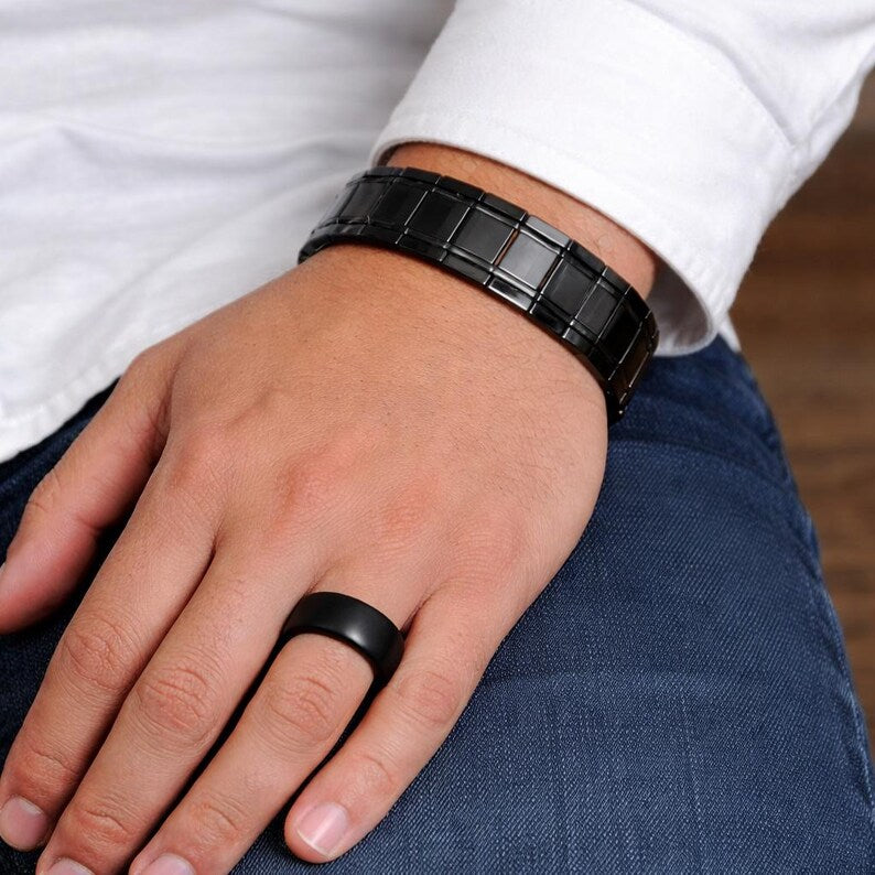 Black Magnetic Copper Bracelet & Ring Set - Adjustable Pure Copper Jewelry Gift for Men