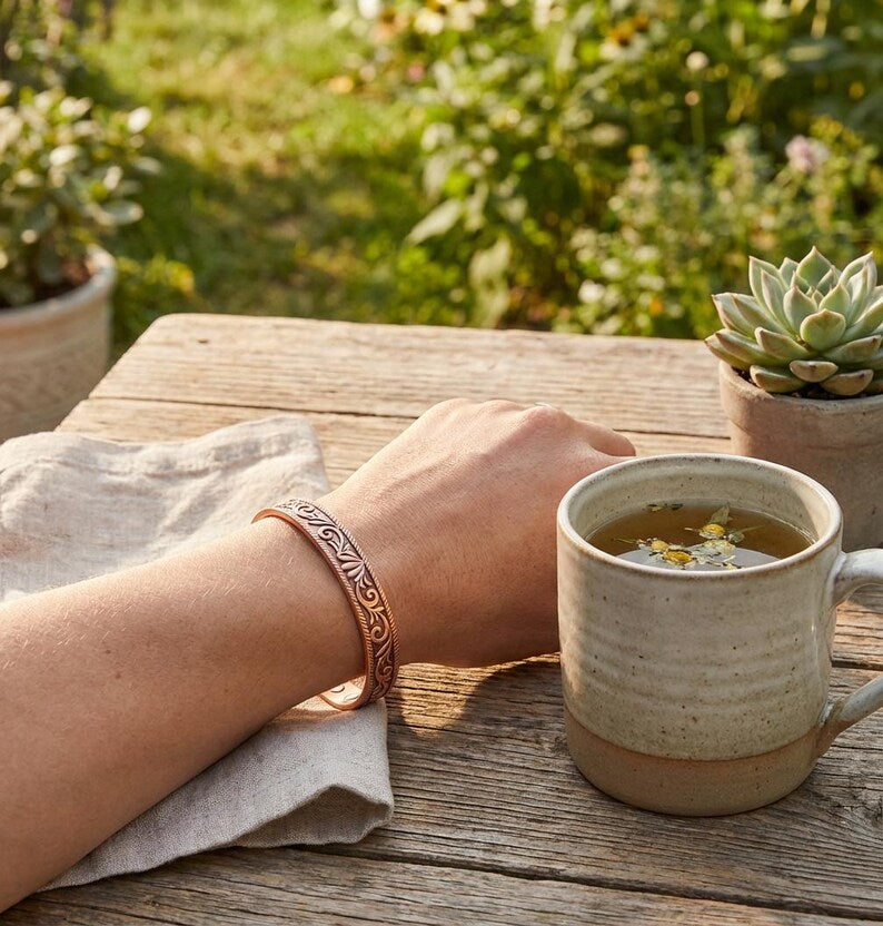 Floral Engraved Magnetic Copper Cuff Bracelet - Adjustable Pure Copper Bracelet for Women, Wellness & Gifting