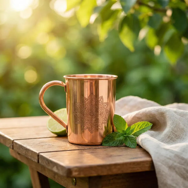 Pure Copper Moscow Mule Mug 16 oz - Handmade Mandala Etched Copper Cup