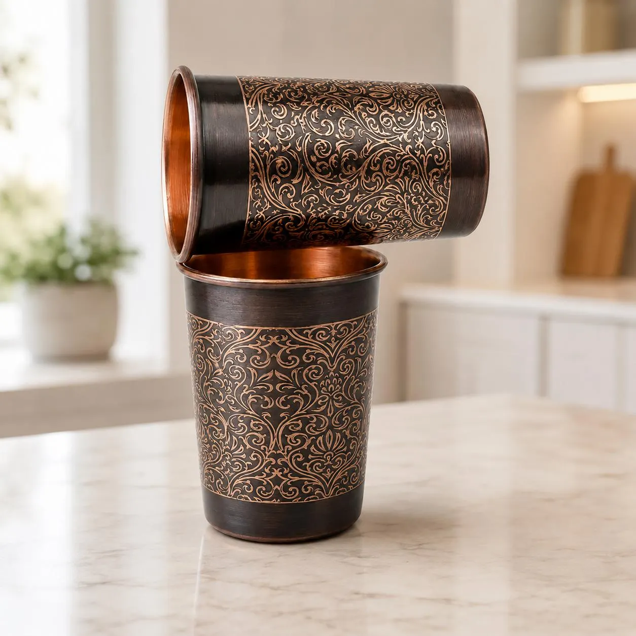 Pure copper tumblers set of 2 – floral pattern design